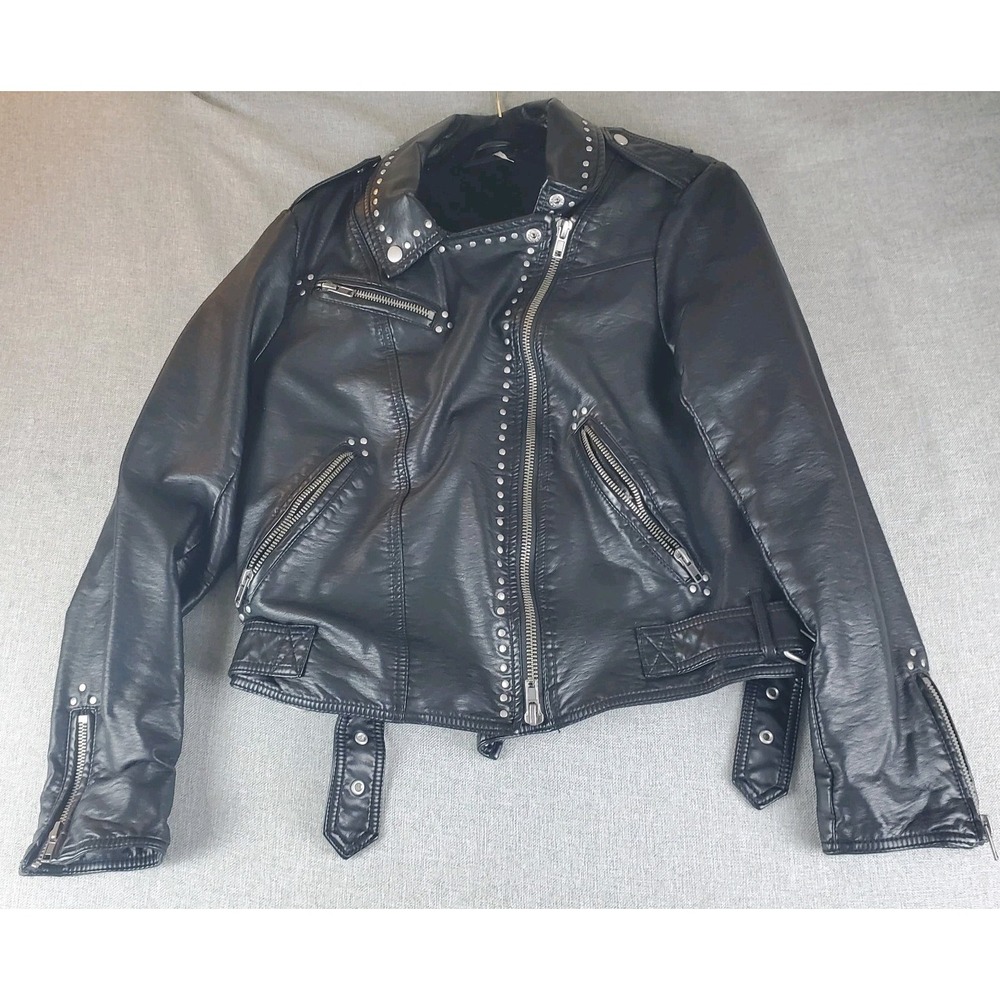 Free People Moto Jacket Womens Large Black Solid Full Zip Studded Faux Leather